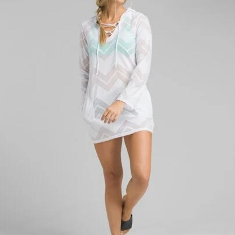 PRANA White Alexia Tunic Hooded Long Sleeve Lace Up Coverup Swim Dress Size XS